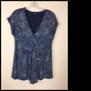 Faux Wrap Soft Stretch Sparkly Silver Blue & Gray Design Jersey Top Size S